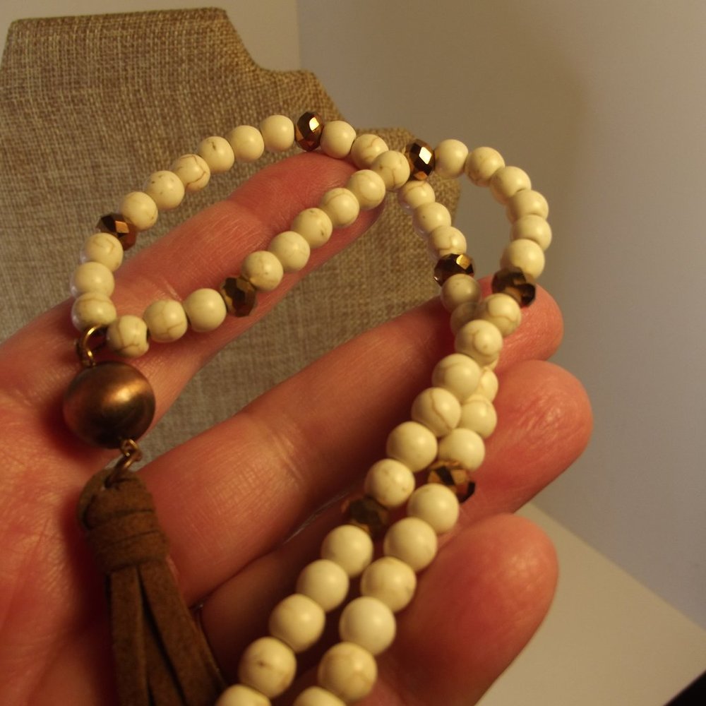 White Howlite Beaded & Bronze Bead Southwest style Necklace Leather with Tassel
